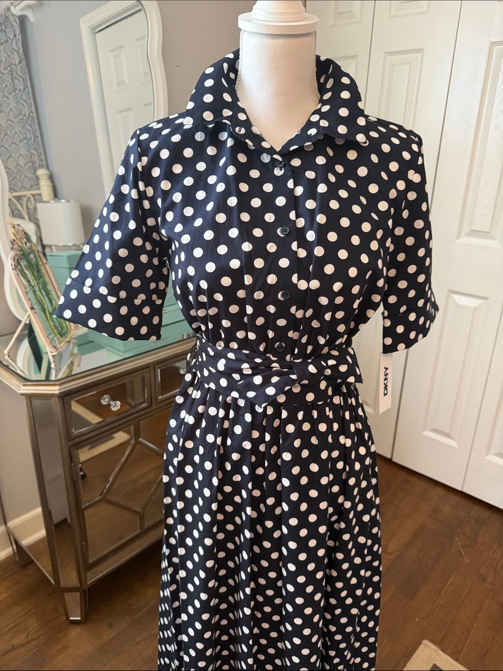 DKNY Navy & White Polka Dot Midi Shirt Dress w/ Tie Waist 4 - Picture 4 of 9